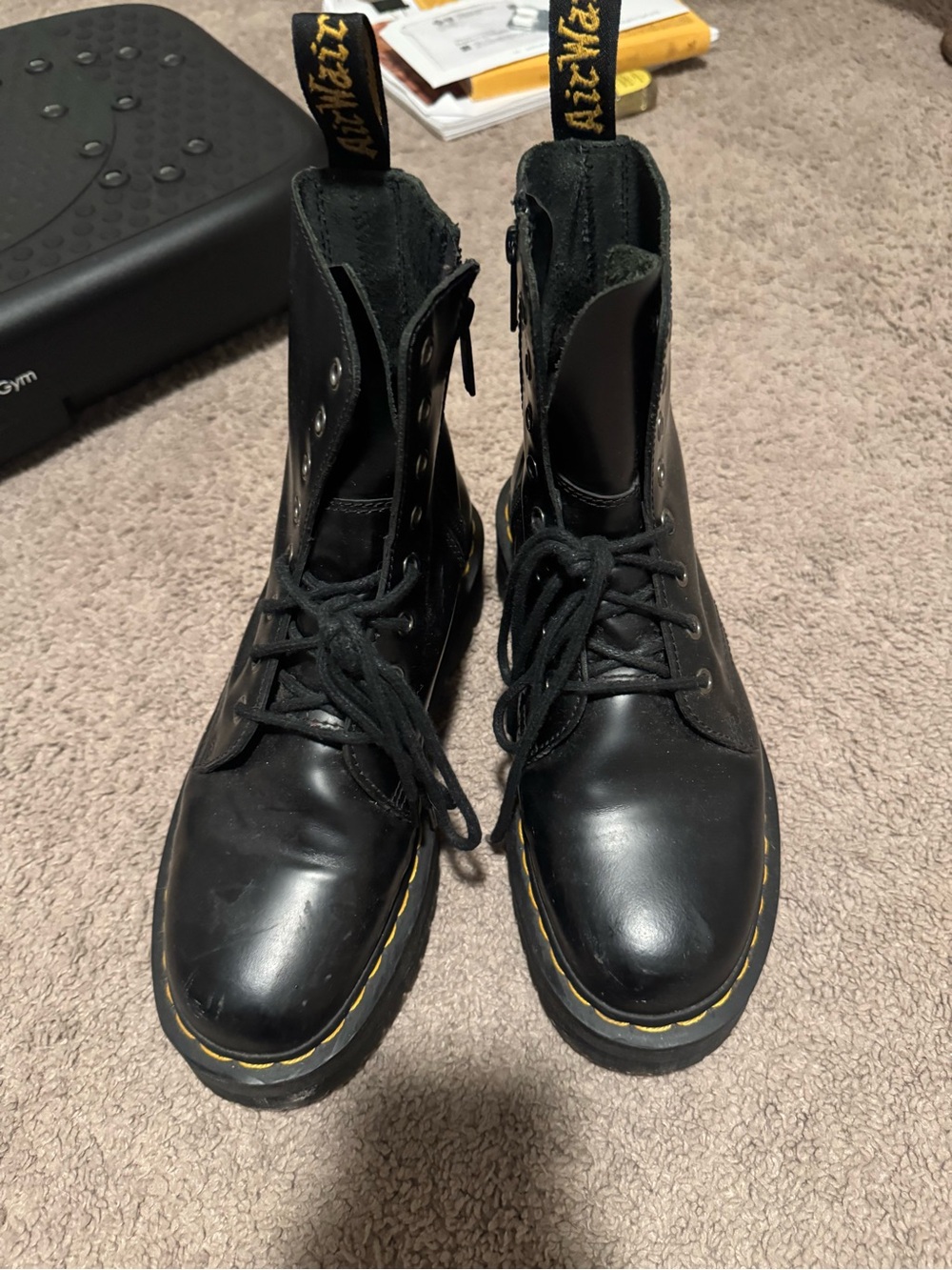 Dr. Martens Black Leather Platform Combat Boot with Yellow Stitching - Picture 2 of 5